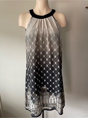 AND Amsterdam Halter Dress Scenic Border Print European Chiffon Cityscape